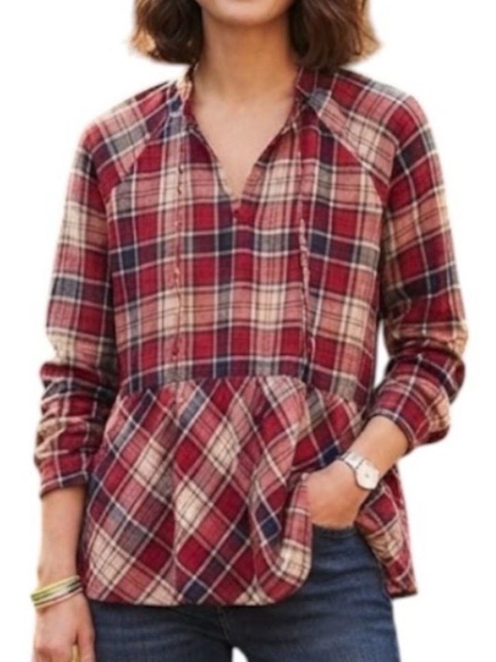 JOE FRESH Western Y2K Red Plaid Peplum Tunic Top Tie Front Keyhole Detail Medium